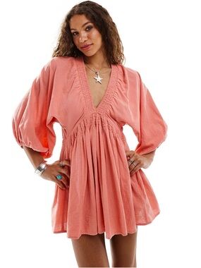 Free People for the moment Coral Puff-Sleeve Mini Dress